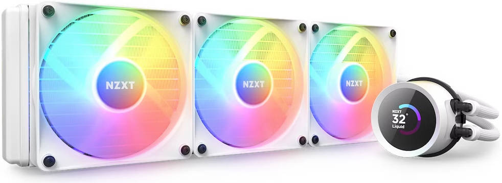 مبرد سائل NZXT Kraken 360 RGB AIO مع شاشة LCD ومراوح RGB، مبرد 360 مم، كتلة مياه نحاسية، 3 مراوح F120 RGB مقاس 120 مم، سرعة المروحة 500-1800 دورة في الدقيقة، تدفق هواء 21.67-78.02 CFM، أبيض