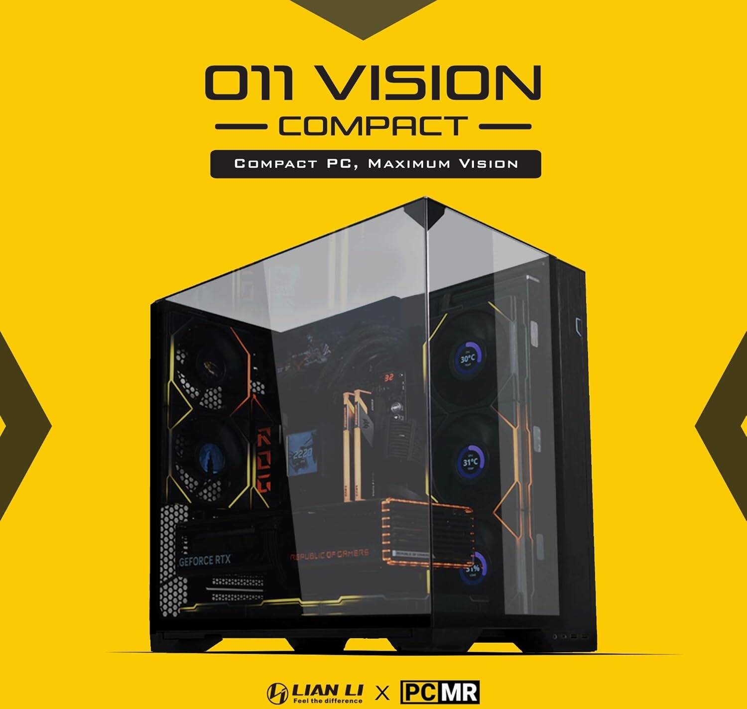 Lian Li O11 Vision Compact Tower Computer Case, Up to 360mm Radiator & 9x 120mm Fan Support, 1x 4mm & 1x 3mm Tempered Glass Panels, Steel & Aluminum Materials, Black | G99.O11VPX.00