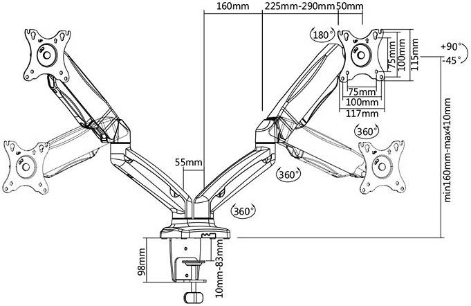 Twisted Minds Dual Monitor Heavy Duty Spring Assisted Monitor Arm, Black, USB Port TM-60-C012