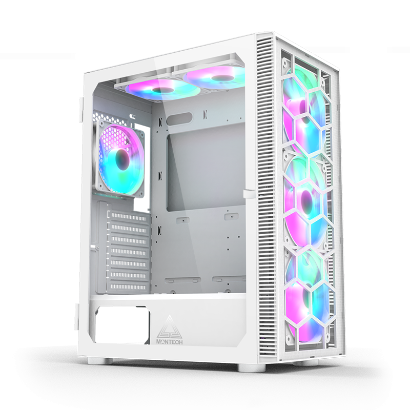 Montech X3 Glass ATX Mid-Tower, Six Fixed Lighting RGB Fans Pre-Installed, Side Swivel Tempered Glass | White