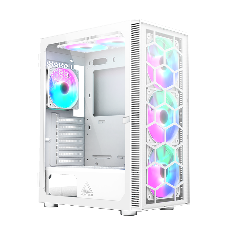 Montech X3 Glass ATX Mid-Tower, Six Fixed Lighting RGB Fans Pre-Installed, Side Swivel Tempered Glass | White