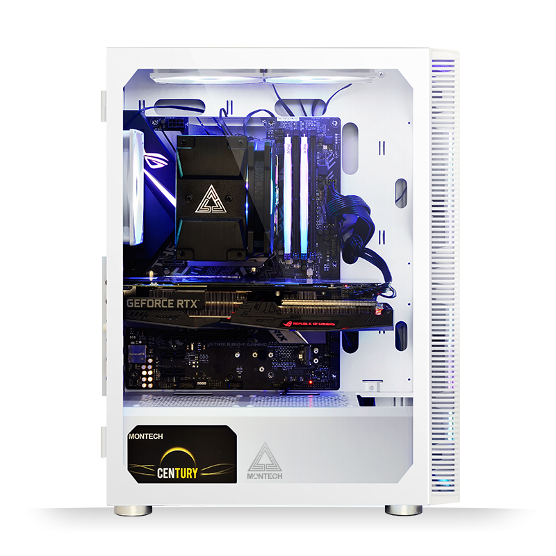 Montech X3 Glass ATX Mid-Tower, Six Fixed Lighting RGB Fans Pre-Installed, Side Swivel Tempered Glass | White