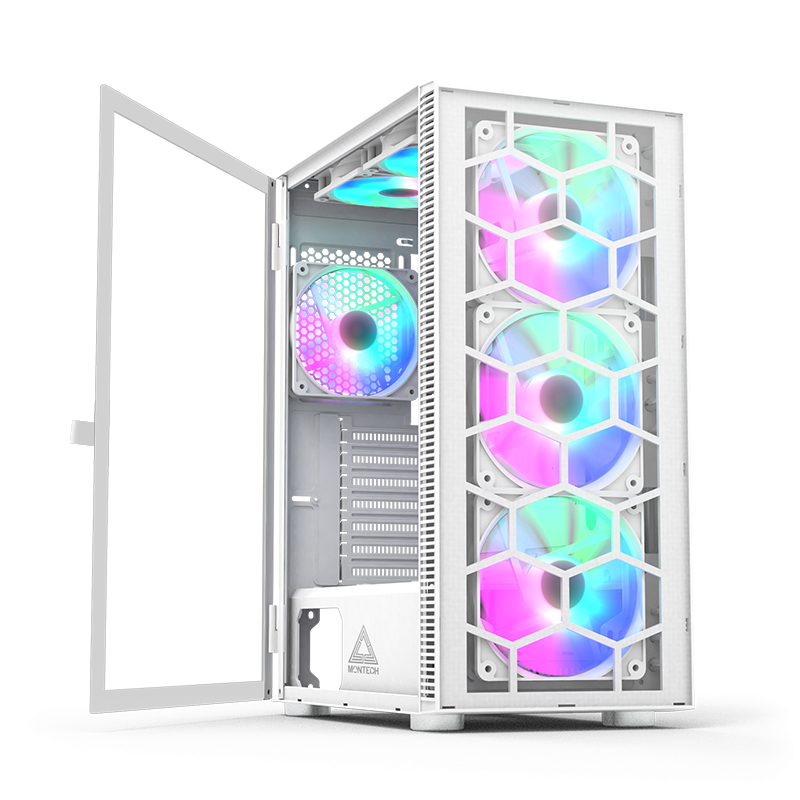 Montech X3 Glass ATX Mid-Tower, Six Fixed Lighting RGB Fans Pre-Installed, Side Swivel Tempered Glass | White