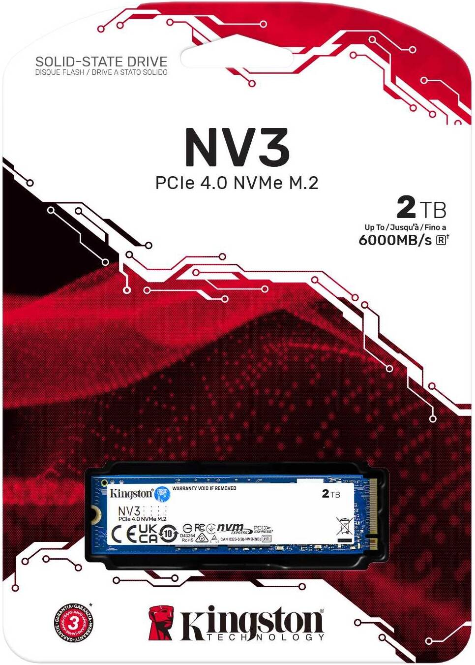 Kingston NV3 PCIe 4.0 NVMe Internal SSD, 2TB Capacity, M.2 2280 Form Factor, 6000 MB/s Sequential Read & 5000 MB/s Sequential Write Speed, 3D NAND Technology, 640 TBW Endurance | SNV3S/2000G