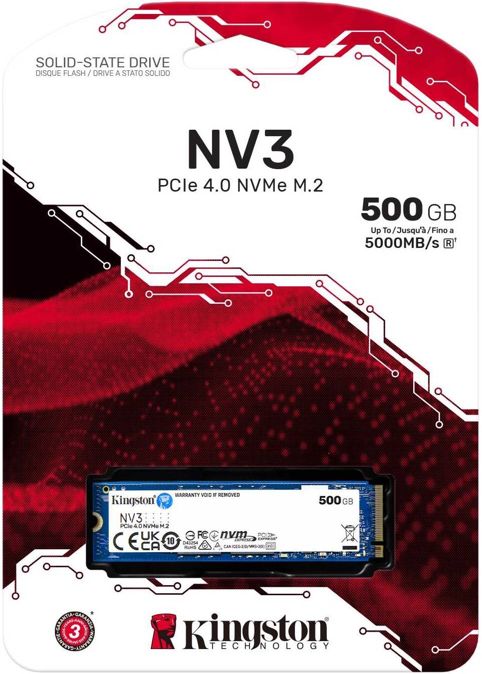 Kingston NV3 500GB PCIe 4.0 NVMe Internal SSD, M.2 2280 Form Factor, 5000 MB/s Sequential Read & 3000 MB/s Sequential Write Speed, 3D NAND Technology, 160 TBW Endurance | SNV3S/500G