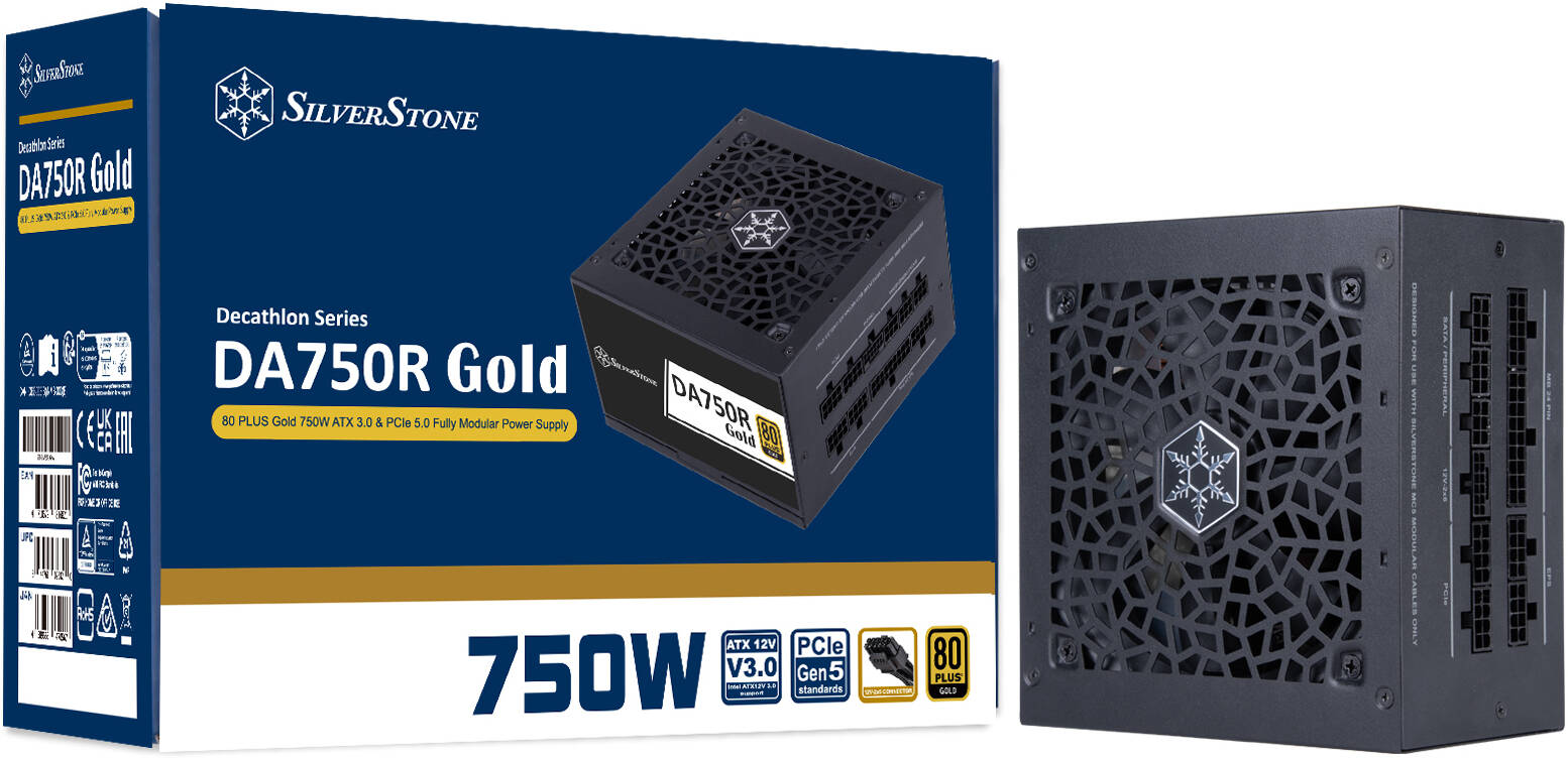 SilverStone DA750R Gold Fully Modular Power Supply, 80 PLUS Gold, 750W ATX 3.0 & PCIe 5.0, Active PFC, Silent 120mm FDB Fan, Japanese Capacitors, Black | SST-DA750R-GMA