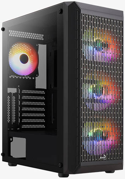 Aerocool Beam- Mid Tower ATX PC Case, Full Temp Glass Side Panel, 4 fans RGB  Black | BEAM-G-BK-V2